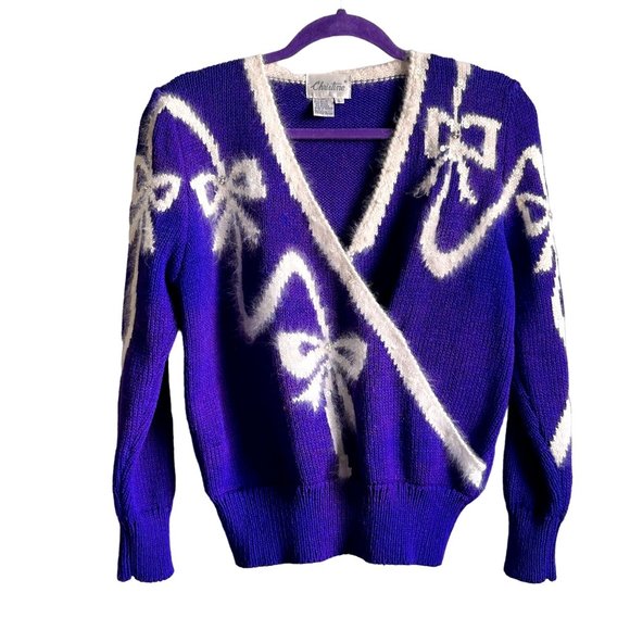 Vintage 80s Christine Pullover Sweater V-Neck Bow Pearl Purple White Angora Swir - Picture 1 of 16